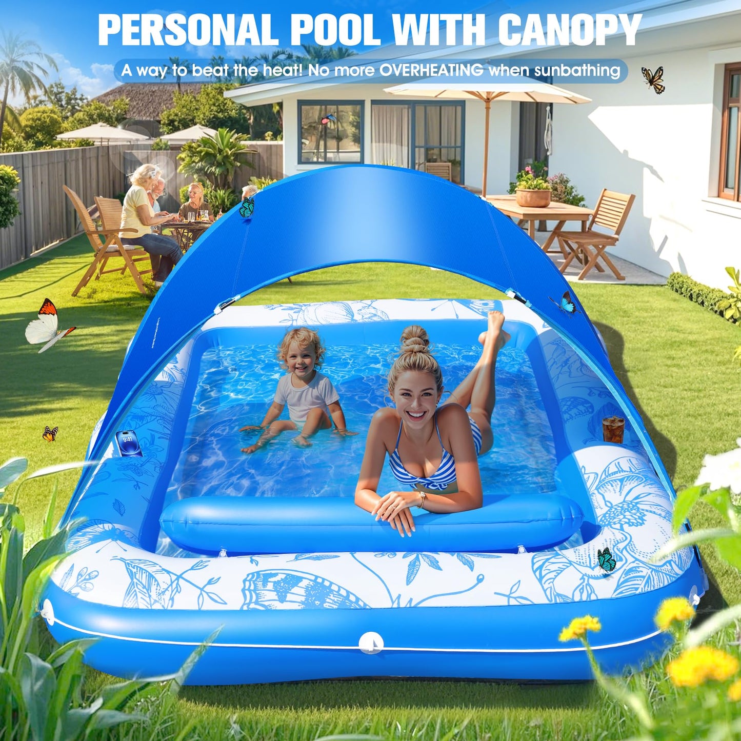 81"x60" Inflatable Tanning Pool Lounger Float with Canopy for Adult,Large Blow Up Sunbathing Bed & Water Raft,Butterfly Pool Floatie with Cup/Phone Holder,5 in 1 Floating Lounge for Pool,Lake,Backyard