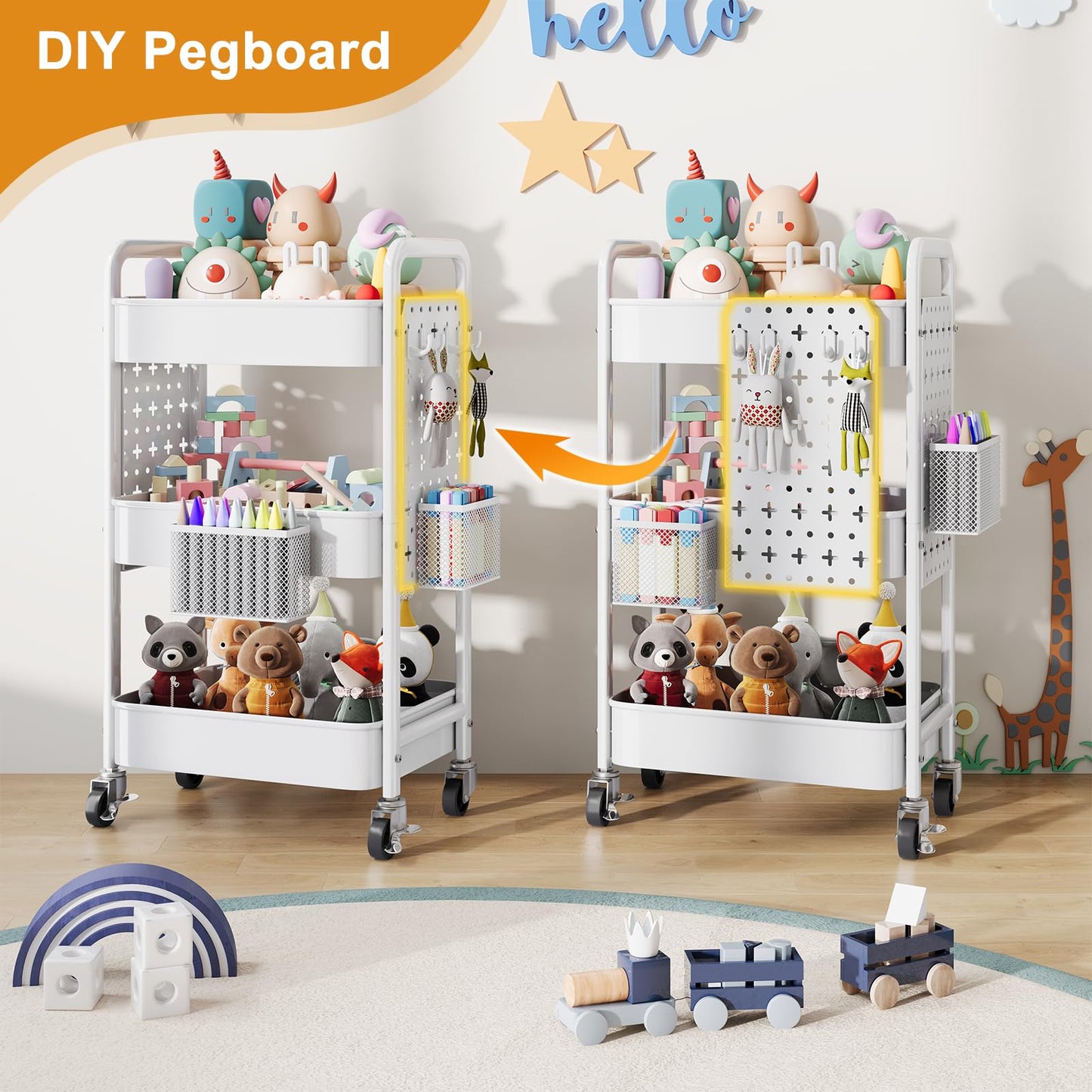 3 Tier Rolling Cart Metal with DIY Pegboard, White Utility Cart with Lockable Wheels, Three Tiered Craft Cart Organizer on Wheel, Utility Roller Storage Carts for Art, Baby Diaper Caddy, Snack, Book