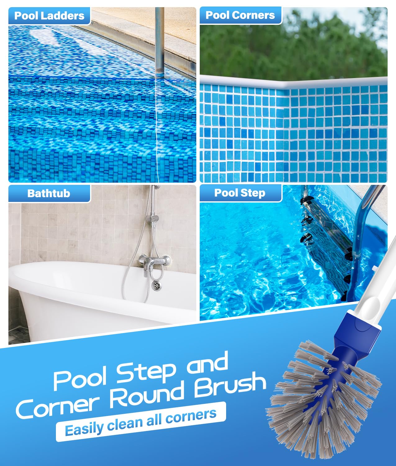 17.4'' Swimming Pool Brush Head with Round Ends, EZ Clip Aluminum Handle, Heavy Duty Pool Brushes for Clean Swimming Pools Faster, Extra Corner Brush Head for Clean Pool Steps & Corners