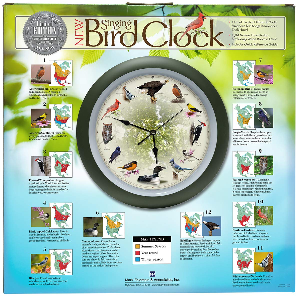 Mark Feldstein, Limited Edition 20th Anniversary Singing Bird Clock, 13 Inch