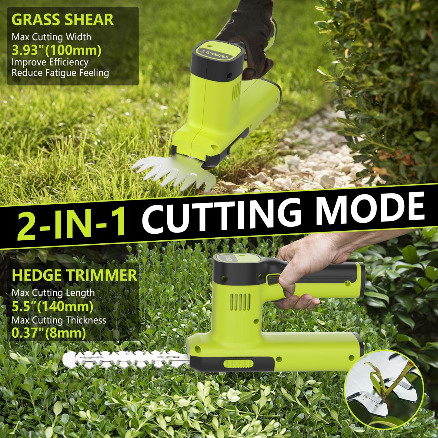 12V Cordless Hedge Trimmer & Grass Shears - 2 in 1 Handheld Small Electric Grass Shear Bush Trimmer, Lightweight Shrubbery Trimmers Battery & Charger Included, Shrub Trimmer for Garden, Yard, Lawn