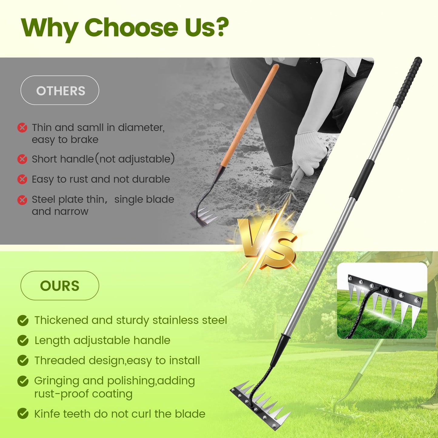 YALEENT Iron Weeding Rake with Long Handle - Upgraded 8 Teeth Weed Puller Tool, Heavy Duty Manual Weeder Remover Tool for Weeding, Cultivating & Soil Aeration