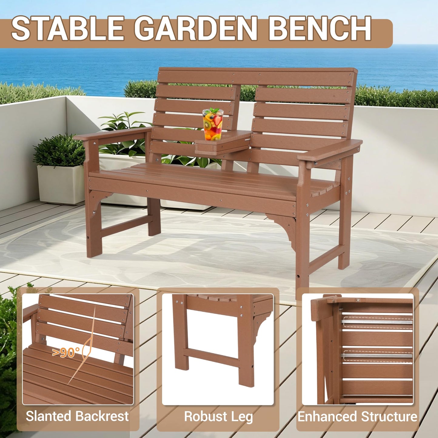 WENTUM Outdoor Bench with Cup Holders, HDPE 2-Person Weatherproof Patio Benches, Fade/Rot Resistance, Garden Bench for Front Porch Backyard Park, Brown