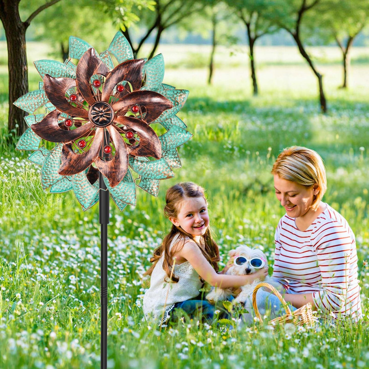 KHayRovies 360°Metal Wind Spinners Outdoor for Garden Yard, 64" Kinetic Large Wind Spinner & Sculptures with Stable Metal Stake, Garden Windmill for Yard Lawn Patio Art Decor (Green-Brown)
