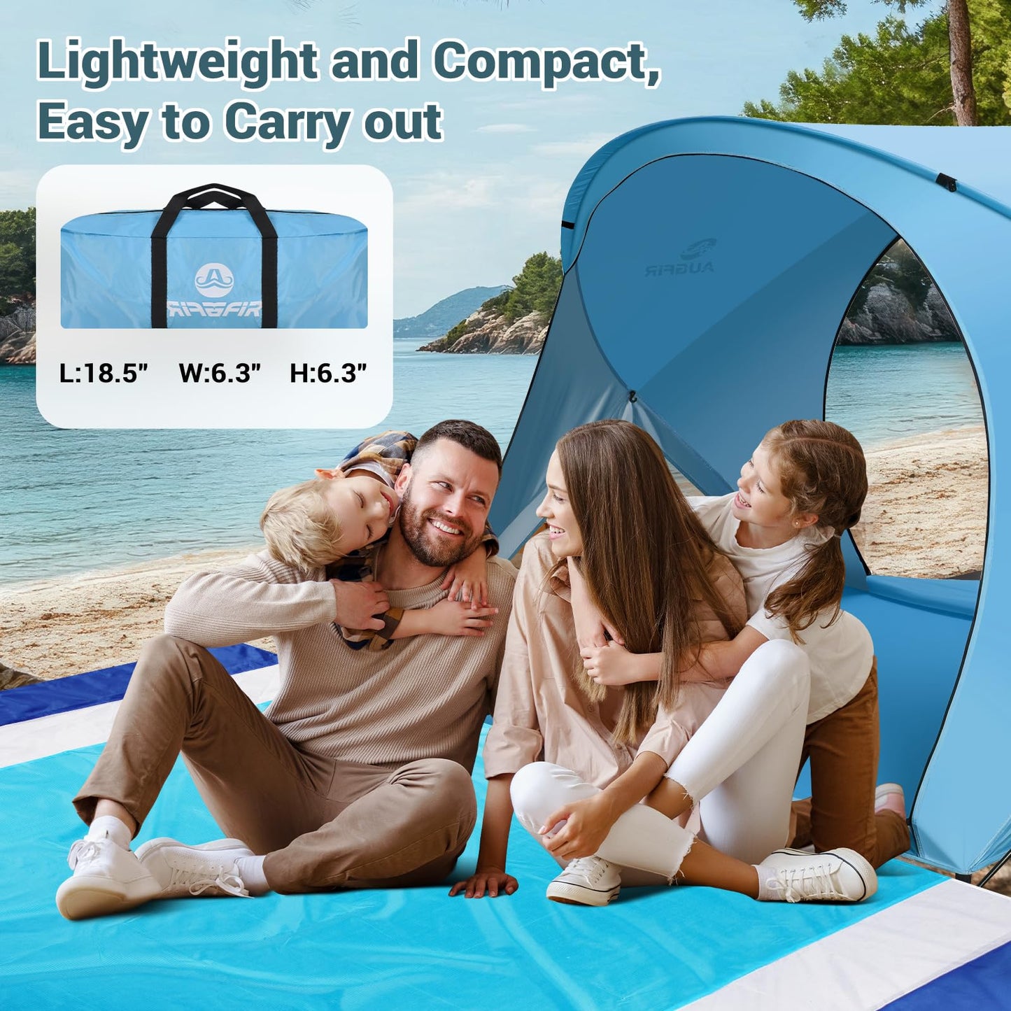 AugFir Beach Tent Sun Shelter, Beach Tent with Beach Mat Set, 4 Person Portable Beach Shade Canopy with UPF 50＋ UV Protection, Dual-Door Ventilation Design, Easy Setup Family Beach Umbrella (Blue)
