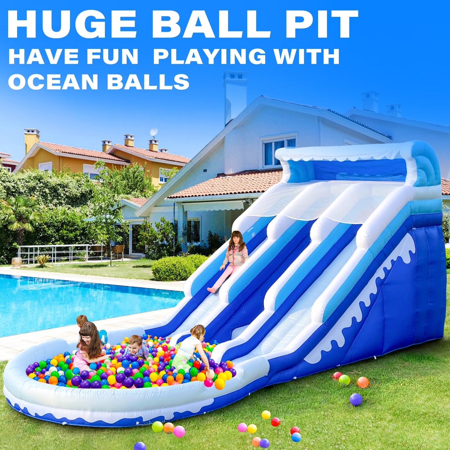 iLink-outer Grade Water Slide Inflatable with Pool for Kids Double Slide with Pool & Blower Water Tube for Kids and Adults, Oxford, Wet Dry Use, Party Gift-(Bule)
