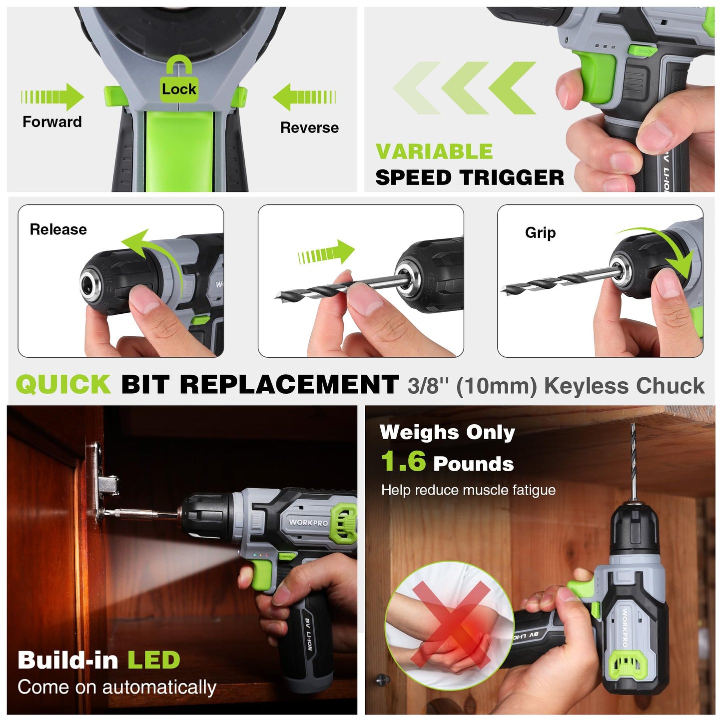 WORKPRO Power Drill Set with Stackable Tool Box, 8V Cordless Drill Driver and Bit Set, 2.0Ah Electric Cordless Screwdriver Kit with 3/8" Keyless Chuck, For Home Repair, DIY