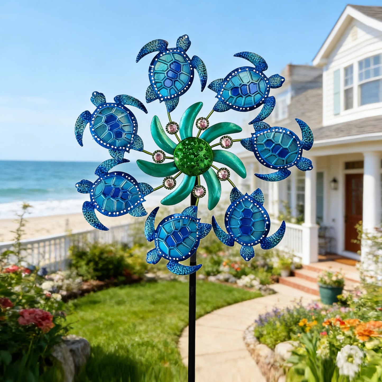 COOZZYHOUR 39" Sea Turtle Wind Spinners Metal Garden Stake-Outdoor Ocean Theme Wind Spinners -Wind Sculpture Yard Art Decorations for Patio,Lawn & Garden Decor-Blue
