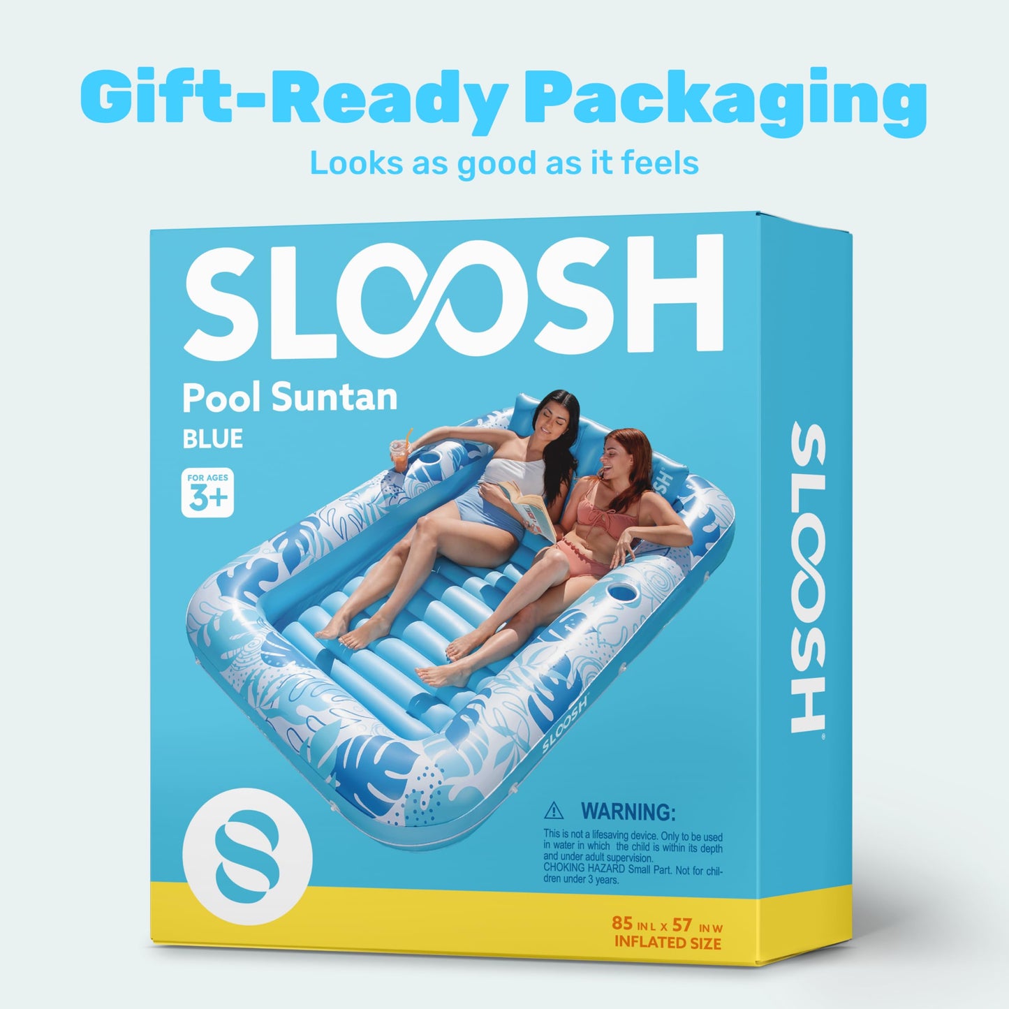 SLOOSH Inflatable Tanning Pool Lounger Float, 85" x 57" Extra Large Pool Floats Adult with Pillow, 4 in 1 Suntan Tub Raft Floatie,Sunbathing Bed Lounge for Water Blow Up Ball Pit Party Gifts, XL-Blue