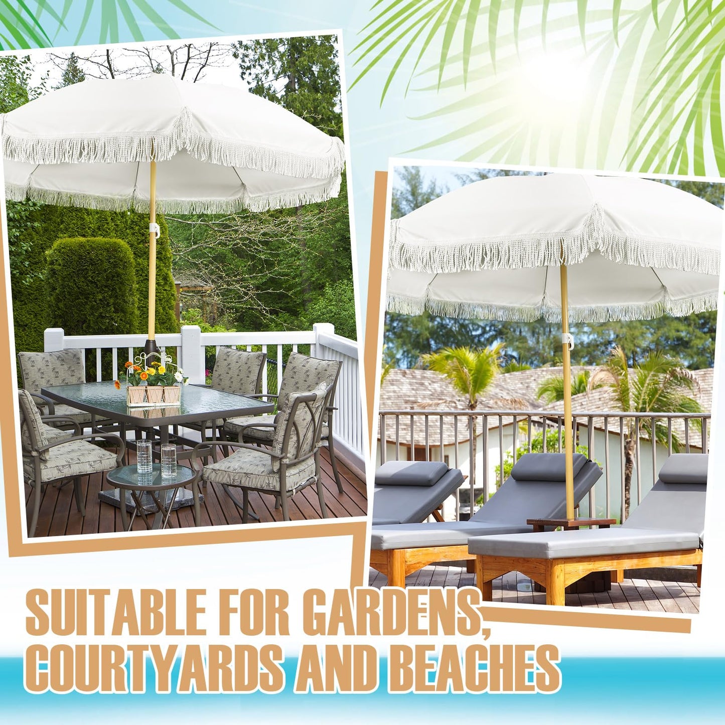 Talltalk 6 Ft Outdoor Beach Patio Umbrella with Fringe, Steel Pole, Steel Ribs and Carry Bag Elegant Table UPF 50+ UV Boho Umbrella for Outdoor Patio Picnic Beach Backyard(White No Steering)