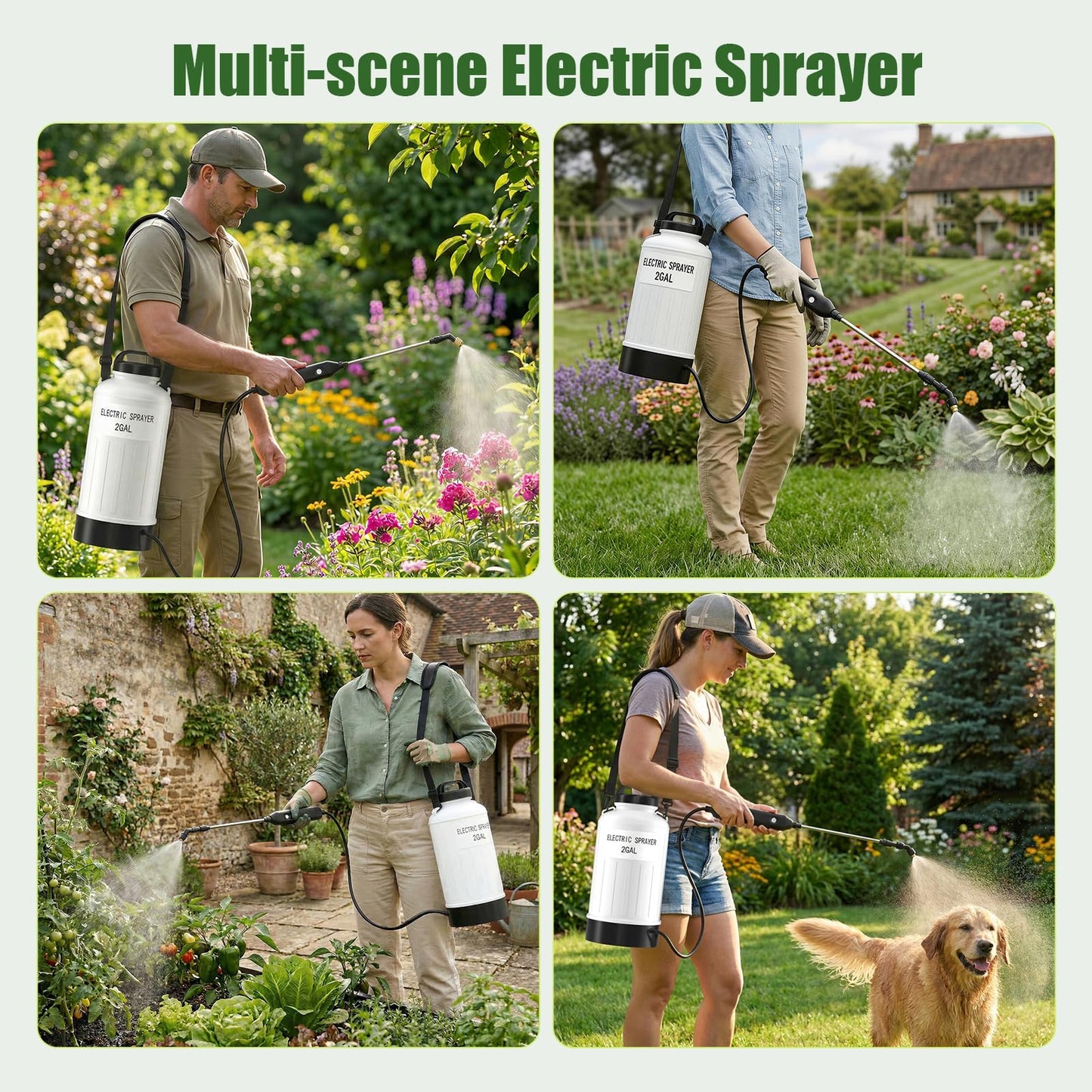 BUDSTR Electric Battery Powered Sprayer 2 Gallon, USB Rechargeable 3.7V, Leak-Proof Retractable Wand, 3 Nozzles, 3-Hour Runtime and Adjustable Shoulder Strap for Lawn, Garden and Plant Care