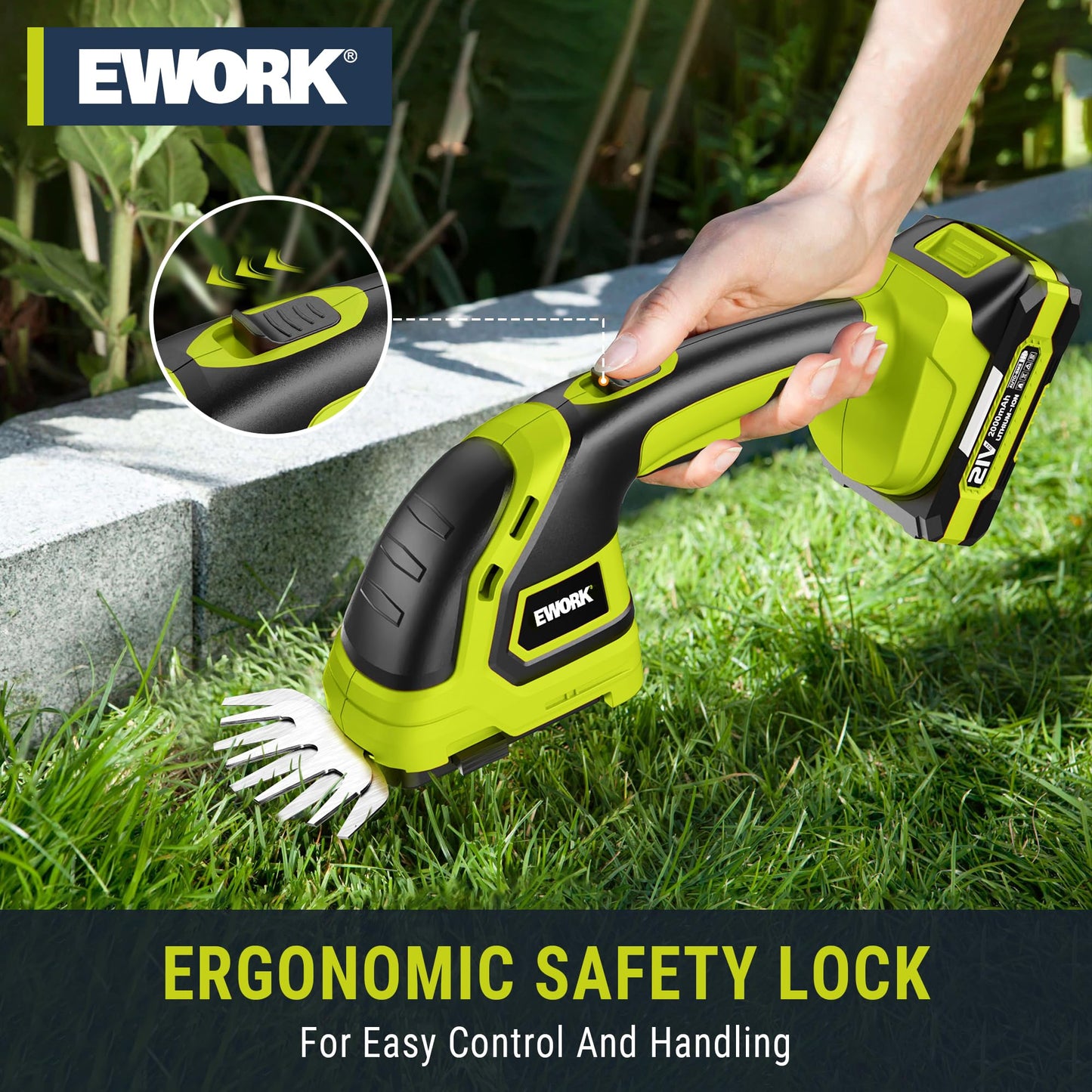 EWORK 21V Cordless Hedge Trimmer & Grass Shears 2-in-1 Handheld Electric Bush Trimmer, 2x2.0Ah Battery & Charger Included, Lightweight Shrub Trimmer for Garden Yard Lawn Patio Maintenance