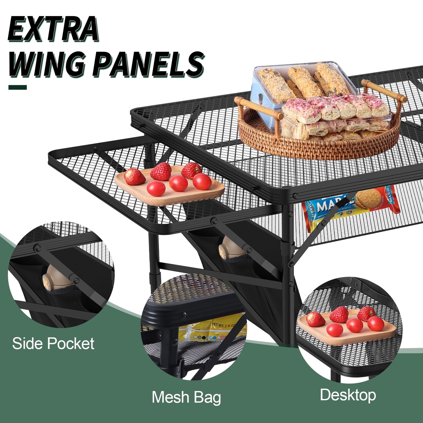 WildFinder Folding Table with 2 Wing Panels, 3x2 FT Camping Table with Mesh Desktop,Height Adjustable Folding Grill Table with Mesh Bag,Portable Outdoor Table for Picnic,Camping,BBQ,Beach(Black)