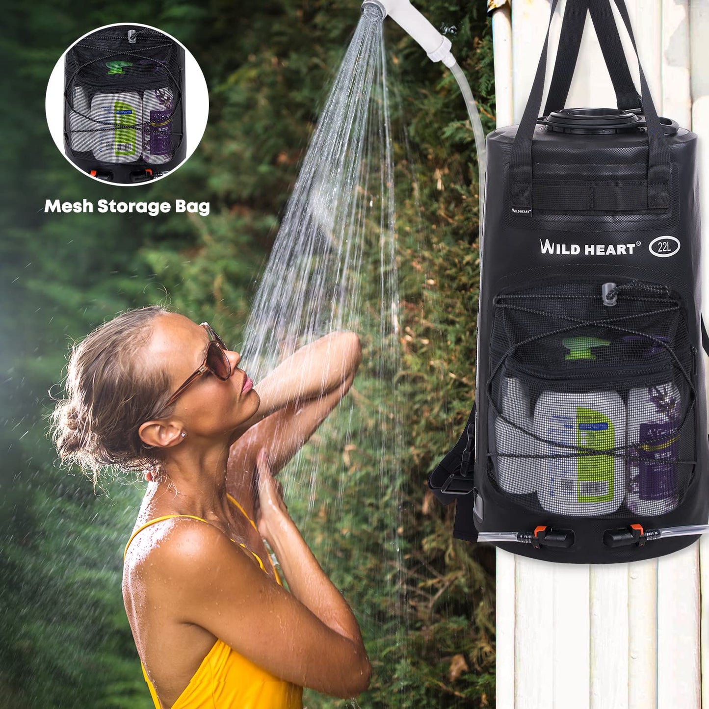 WILD HEART Camping Shower 5.8 Gallons/22L Portable Camp Shower Bag with Upgraded Screw Lid, Water Level Window, Pressure Foot Pump, and Handy Nozzle, Solar Shower for Camping Hiking Trip