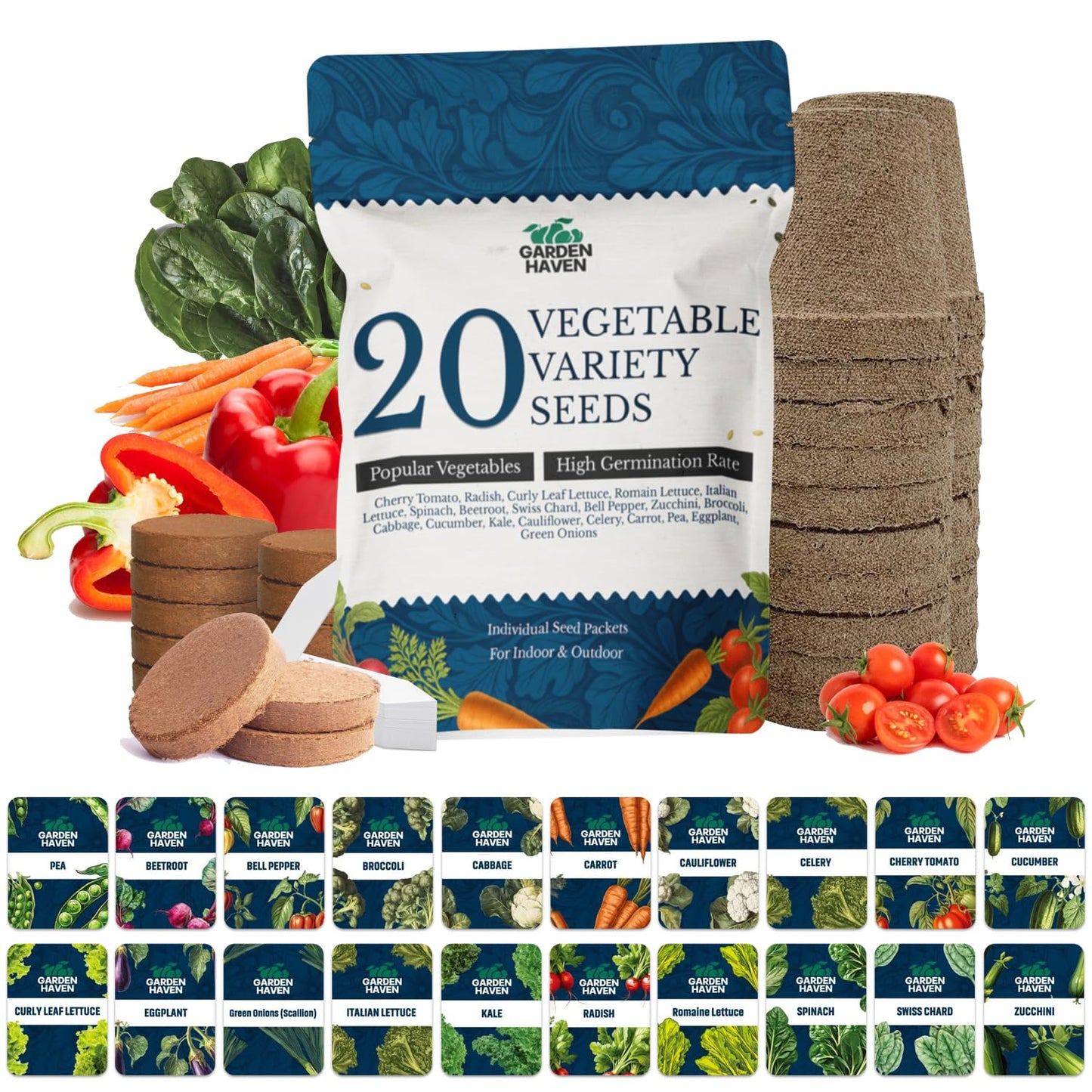 20 Vegetable Seeds Variety Pack - Complete Grow Kit Heirloom Vegetables Indoor Outdoors Vegetable Seeds, Tomatos, Broccoli, Carrots, Lettuce & More - DIY Starter Kit (Complete Starter Kit (w/Seeds))