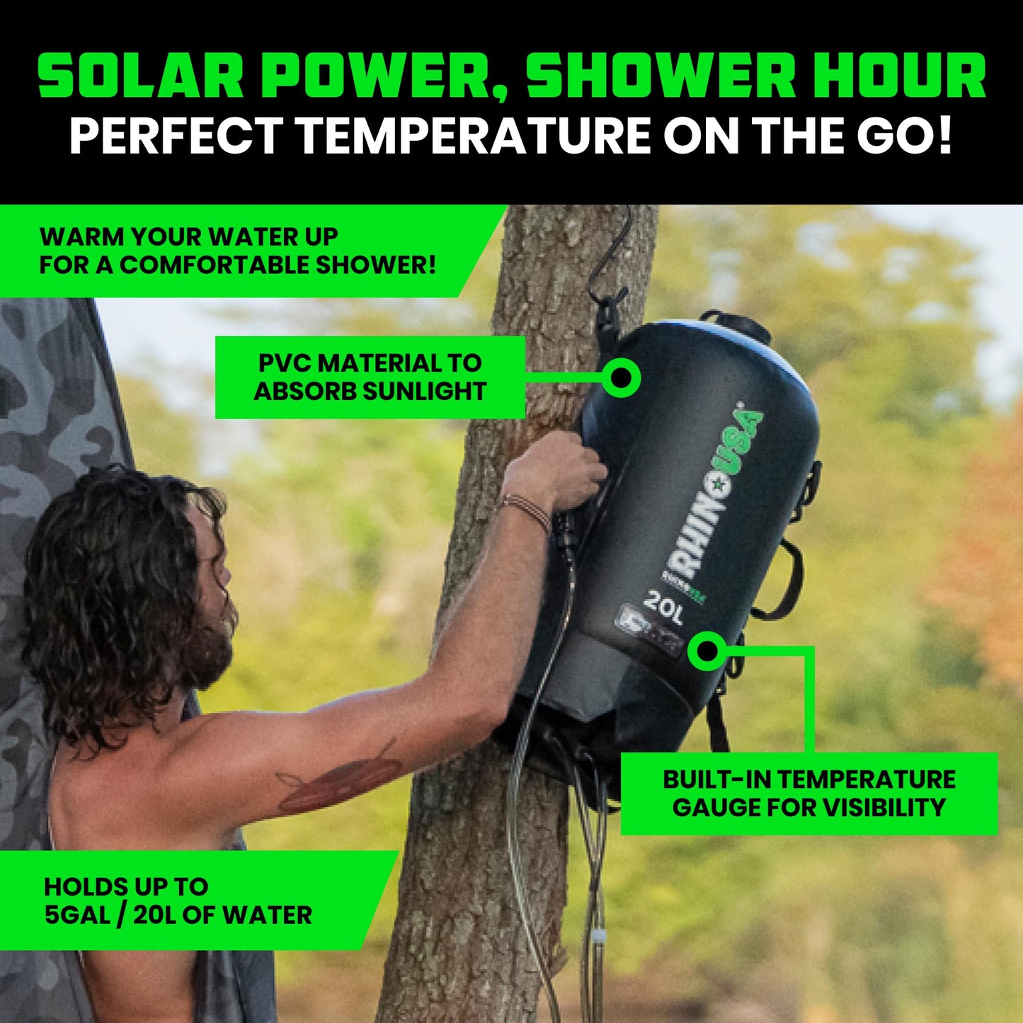 Rhino USA 5 Gal / 20L Portable Solar Camp Shower - Essential for Camping, Festivals, Overlanding, Beach Trips, Outdoor Shower and more!