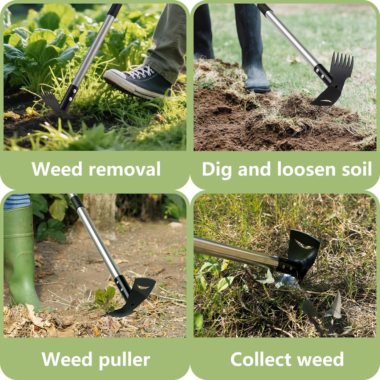 Mitclear Weed Puller Tool with Long Handle(58IN), 2-in-1 Gardening Hand Tools Weeds Remover, Weeder Rake & Garden Hoe Combo, Manual Weeding Puller Tool for Garden Yard Patio Lawn