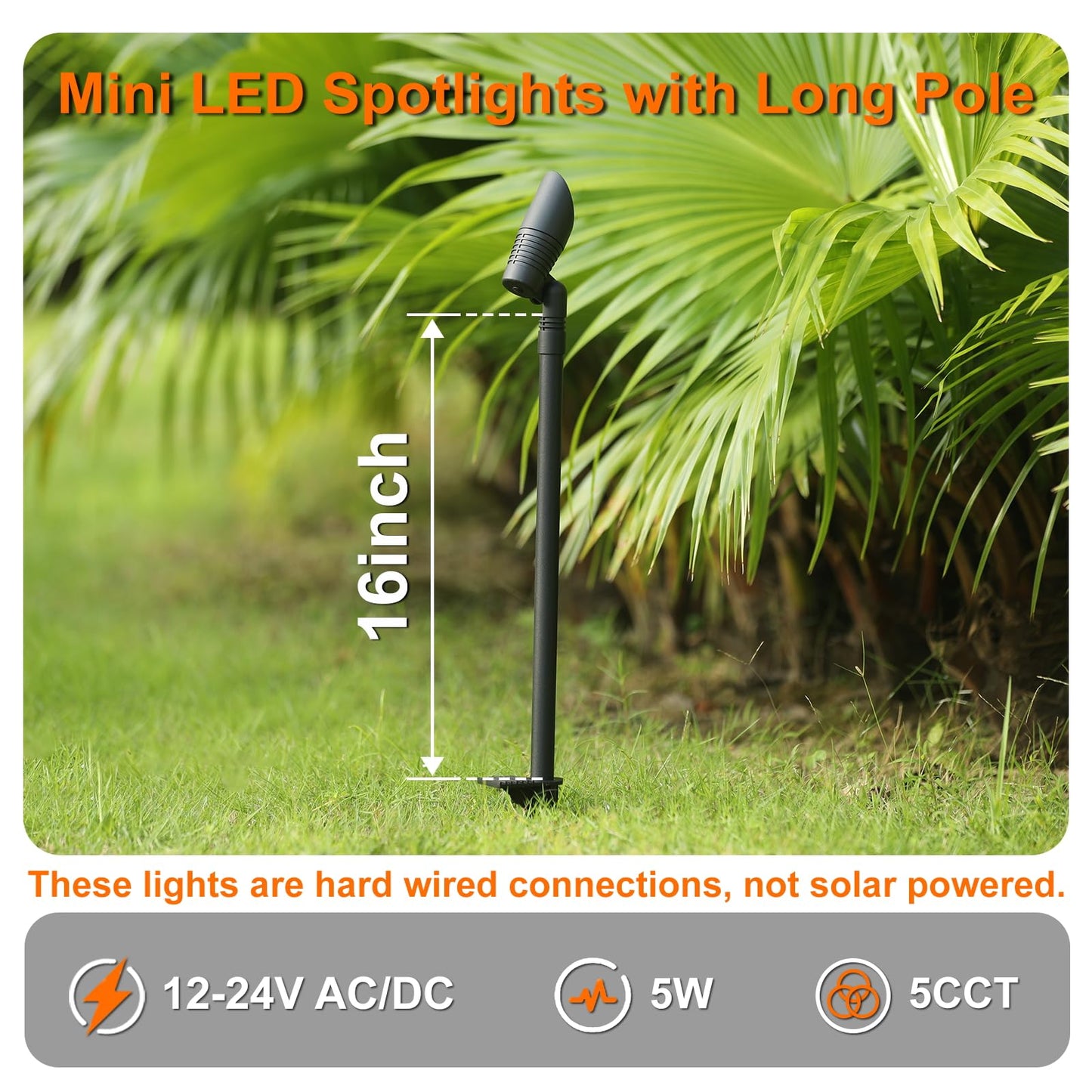ZestPatio Mini LED Landscape Spotlights, 16'' Tall Pole, 5CCT 5W 12 Volt Wired Low Voltage Bronze Landscape Small Spot Lights for Outdoor Tree Flag House Pathway Driveway, 60° Beam Angle, 6PK