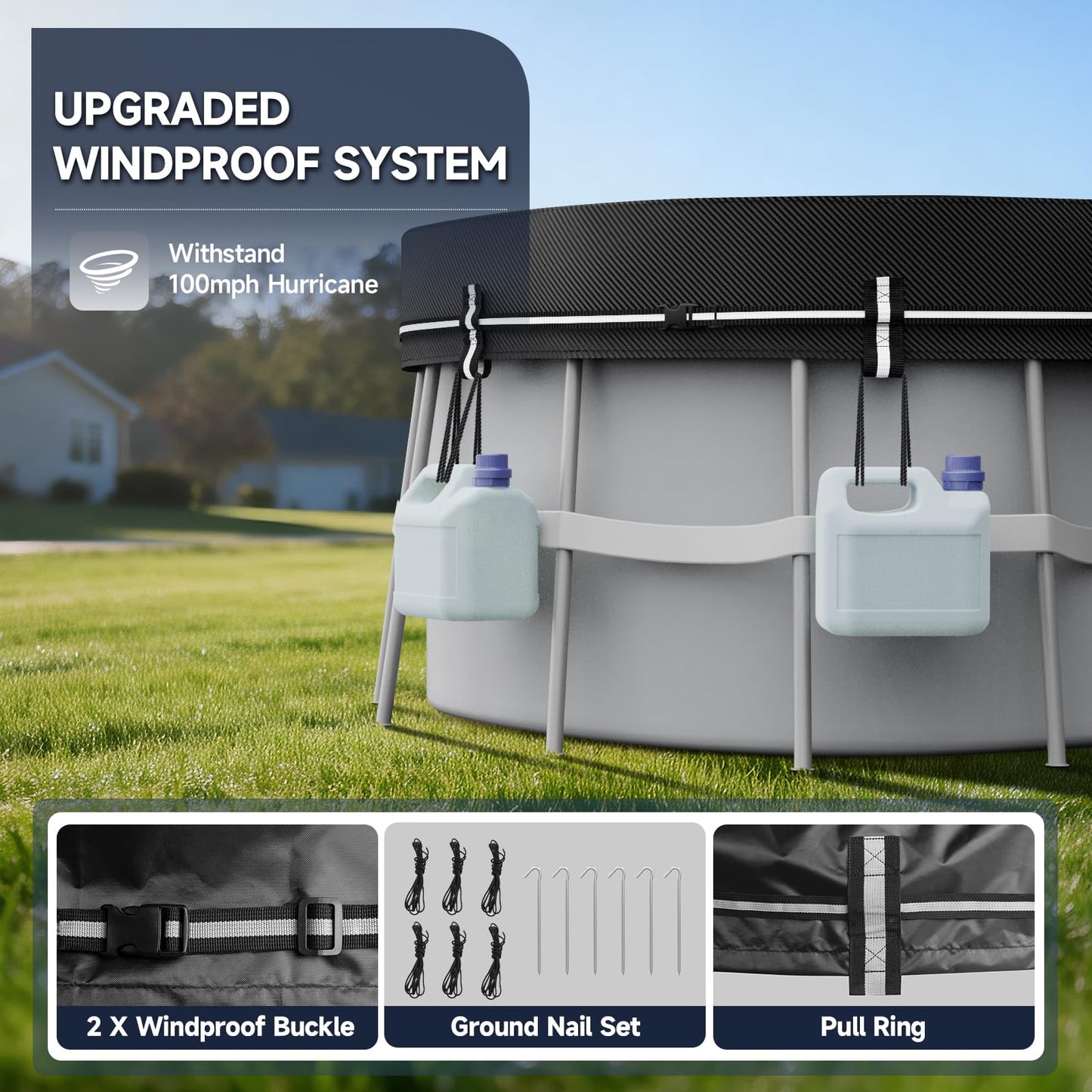 LXKCKJ 7X10 FT Rectangular Pool Covers for Above Ground Pools, 420D Solar Oval Pool Cover with Accessories Set, Integrated Design Pool Tarpaulin Ideal for Waterproof, Dustproof, Windproof