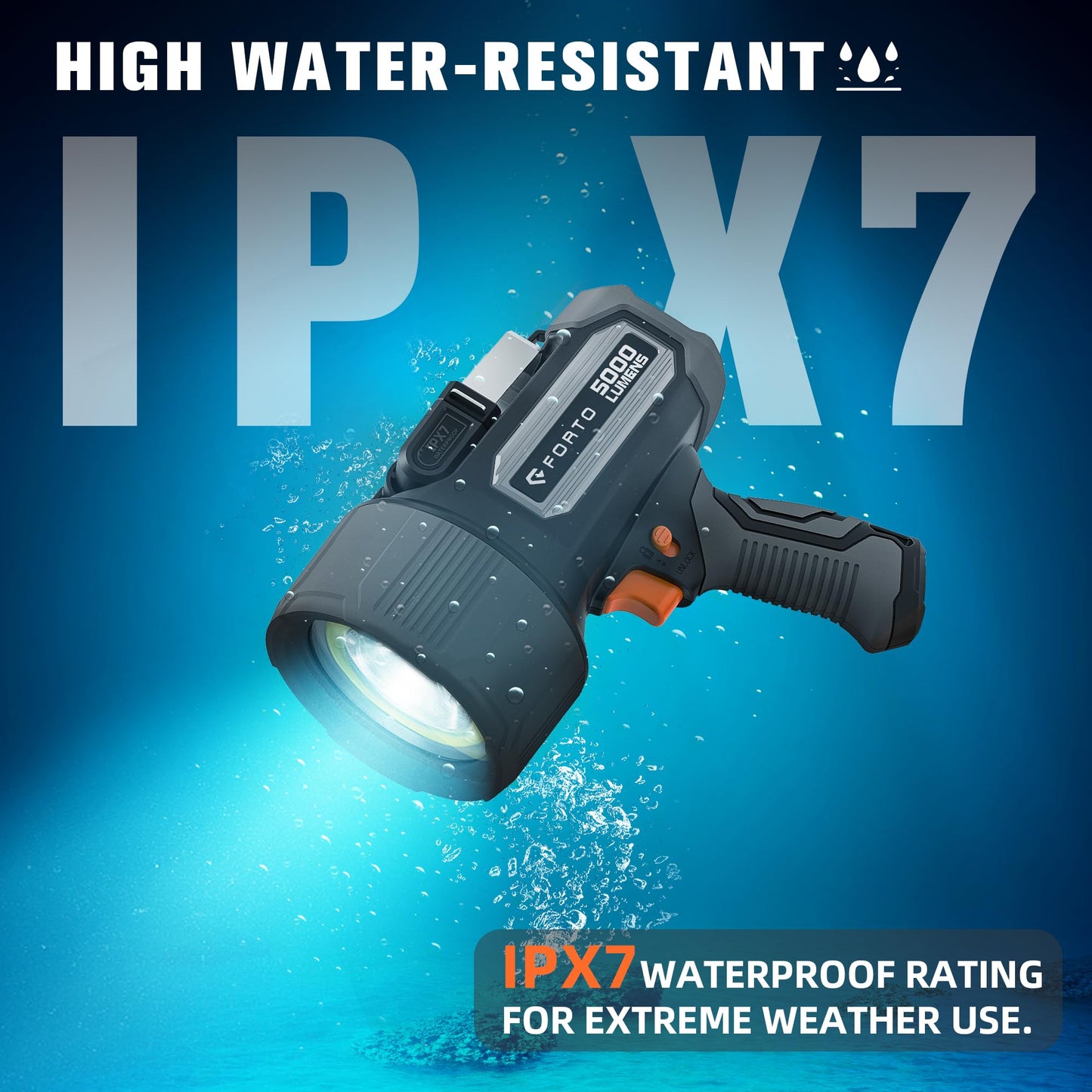 FORTO Rechargeable Spotlight 5000 Lumen Ultra Bright IPX7 Waterproof Spotlight, Boat Flashlight with EVA Carrying Case, 7 Light Modes Handheld Spotlight Flashlight for Marine Boat Hunting