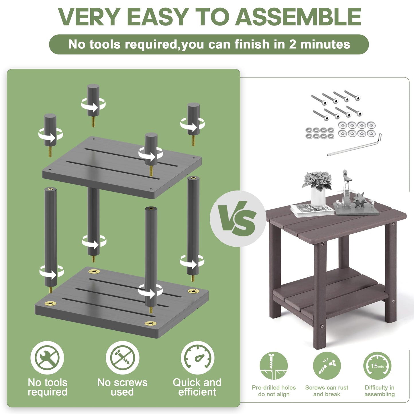 LEJANEOYE Outdoor Side Table, 2-Tier Small Outdoor Table for Patio, Adirondack Side Tables for Outside or Indoor, Bamboo End Table for Pool, Porch, Weather Resistant Easy Maintenance-Gray