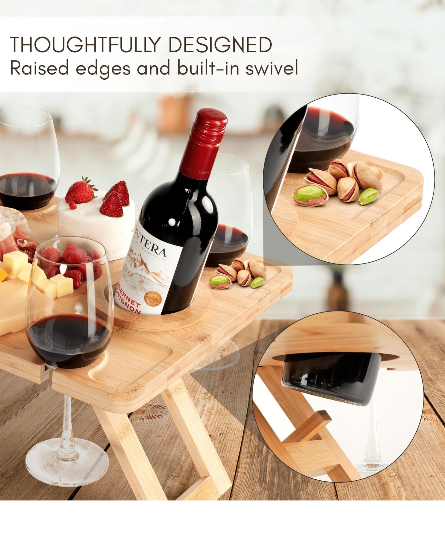 Outdoor Wine Picnic Table, Wooden Folding Picnic Table with Glass Holder, Bamboo Wine Glass Snack Tray for Indoor & Outdoor Use, Includes Picnic Mat & Tote Bag