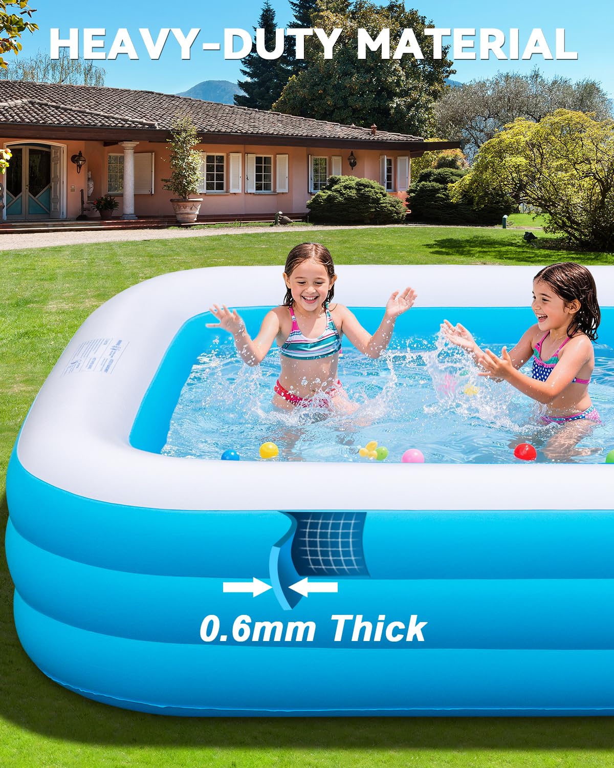 Large Inflatable Pool for Adults,130" x 72" x 22" Thickened Blow Up Pool with Lights & Pump, 7 Color Changed Durable Above Ground Family Swimming Pool for Backyard Outdoor Garden