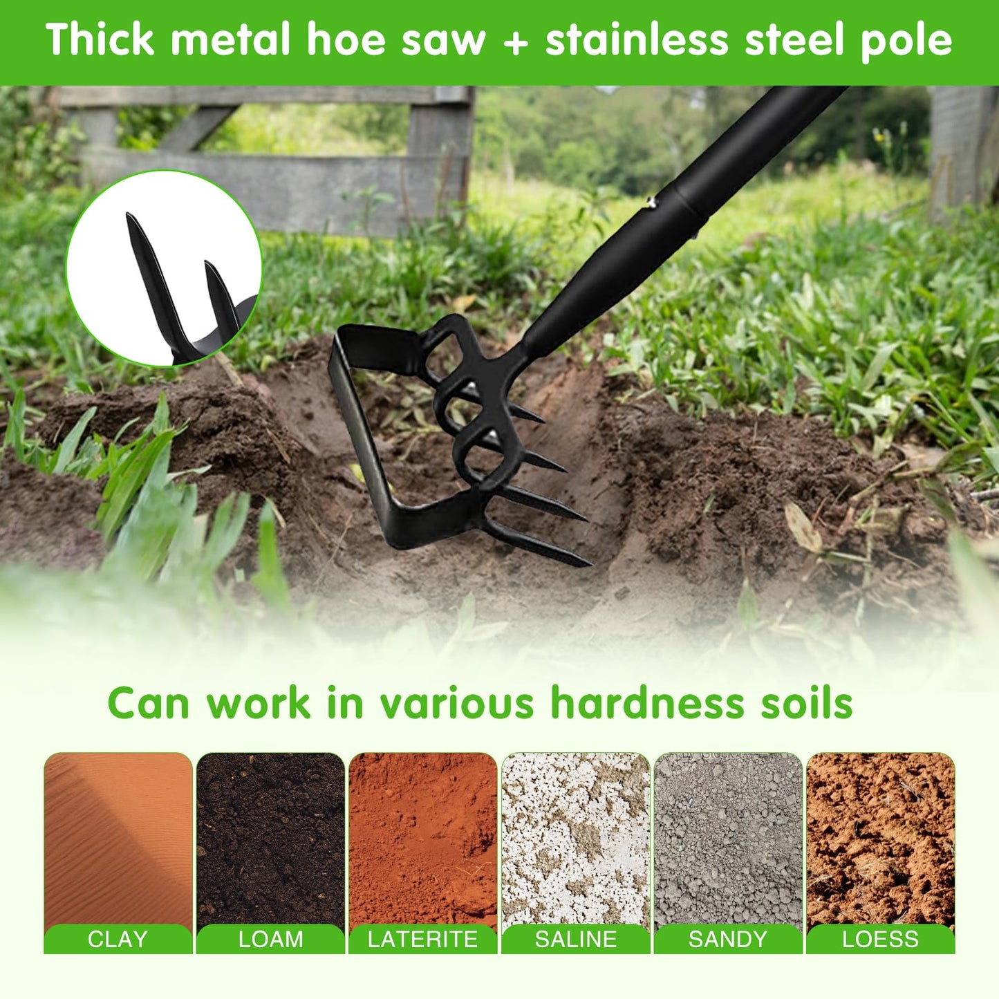 Elegital Hoe Garden Tools with Rake Tiller,30-62 inch Adjustable Long Handle Stirrup Hoe Rake,Hand Hoe/Sickle,Heavy Duty Rake Tiller for Digging,Weeding and Loosening Soil