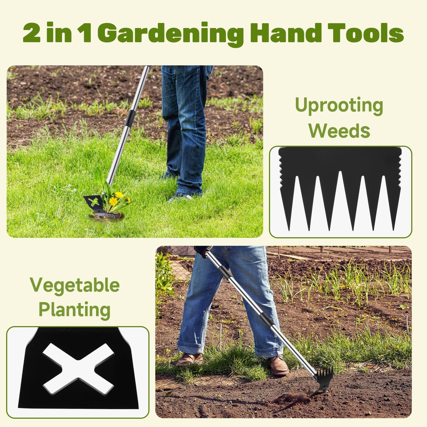 60" Weed Puller Tool with Long Handle and 17" Weeding Tools Gardening Set, Dual Side Hand Weed Rake and Hoe Garden Weeder, Uprooting Weed Pulling Remover Tool for Yard, Patio, Lawn and Garden Planting