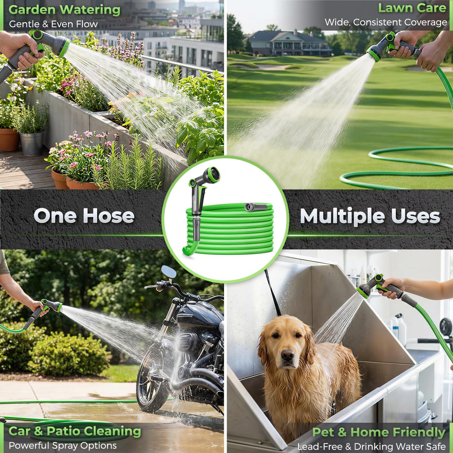 Garden Hose 50 FT with 8-Pattern Spray Nozzle, Flexible Garden Hose 5/8 Inch Food-Grade Rubber Hybrid Water Hose for Outside, Kink-Resistant Outdoor Hose
