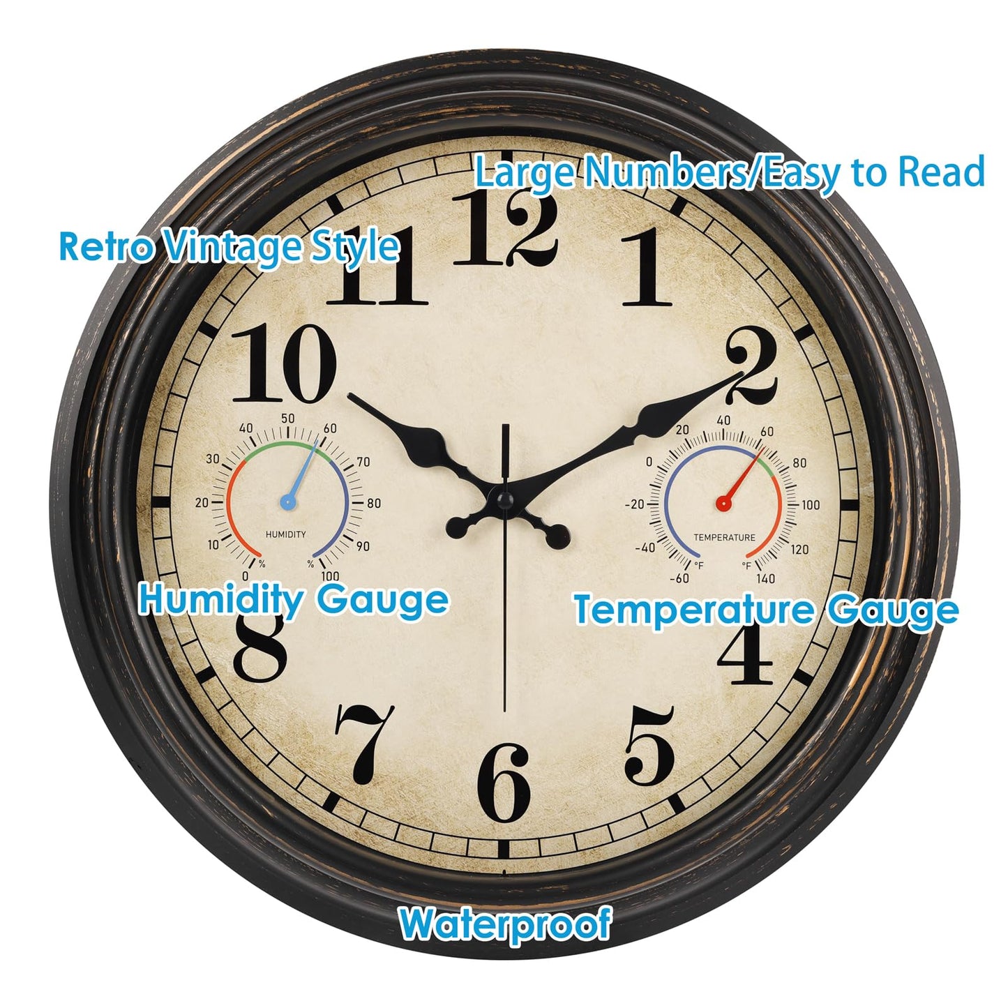 Alarllok 16 Inch Large Outdoor Clock with Thermometer and Hygrometer Combo, Waterproof Indoor Outdoor Wall Clocks for Patio, Pool, Garden, Backyard Decor- Retro Bronze