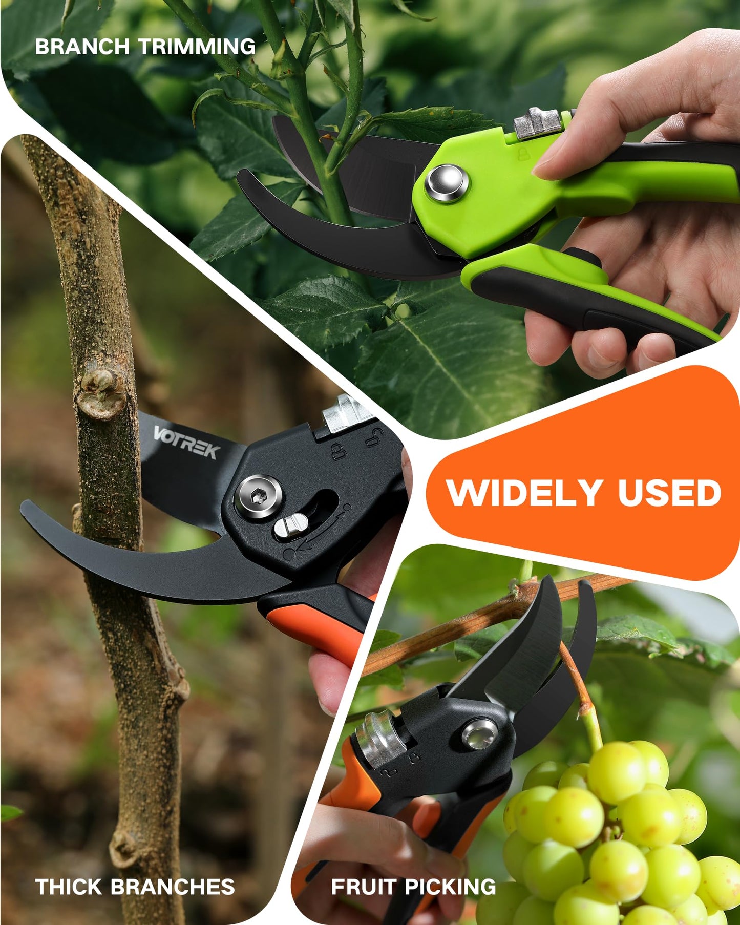 VOTREK 8.5" Pruning Shears for Gardening, 【Unique Stepless Handle Opening】Professional Bypass Garden Clipper, Heavy Duty Plant Pruners for Branch 【SK5 Steel Blades】【All Hand Sizes】,Bright Orange