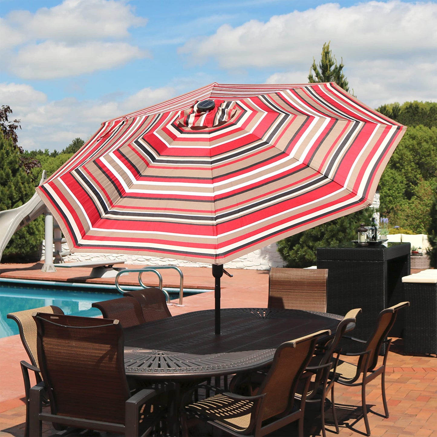 Sunnydaze 9 ft Striped Patio Umbrella with Solar Lights - Polyester LED Table Market Umbrella with Tilt and Crank - Awning Stripe