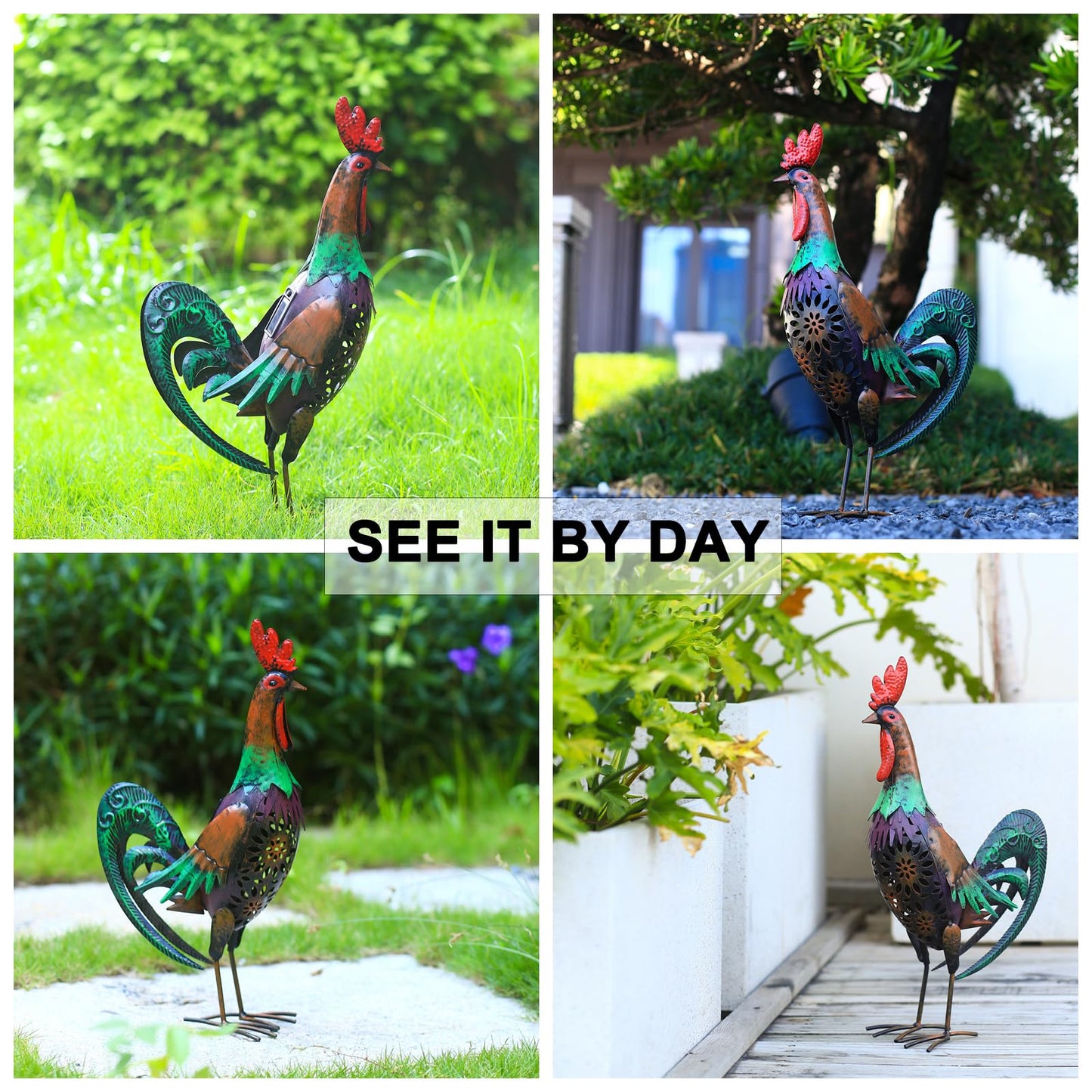 WDLFCGC Solar Rooster Statue Light Outdoor, 18" Metal Yard Art Rooster Figurines(Retro Rooster).