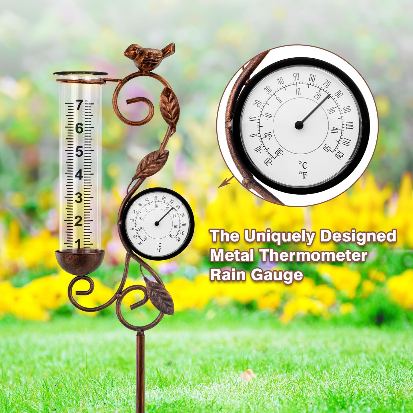 32" Garden Rain Gauge with Thermometer - 7" Glass Tube for Outdoor Indoor Use, Patio Yard Decor Statue