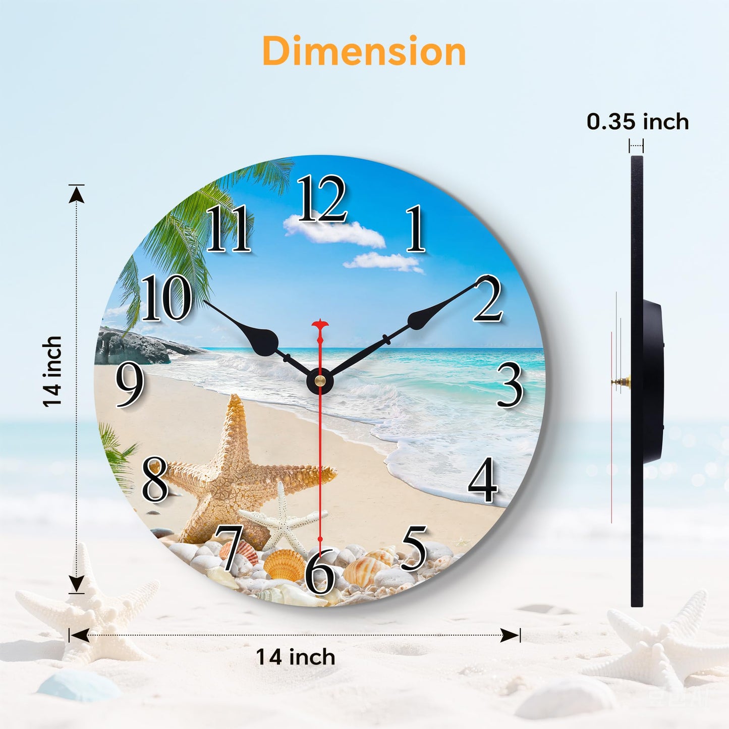 Toudorp 14 Inch Coastal Ocean Wall Clock with Seashell Design and Palm Tree Beach Theme - Battery Operated Silent Wall Decor for Home, Kitchen, Living Room, Office, Bedroom