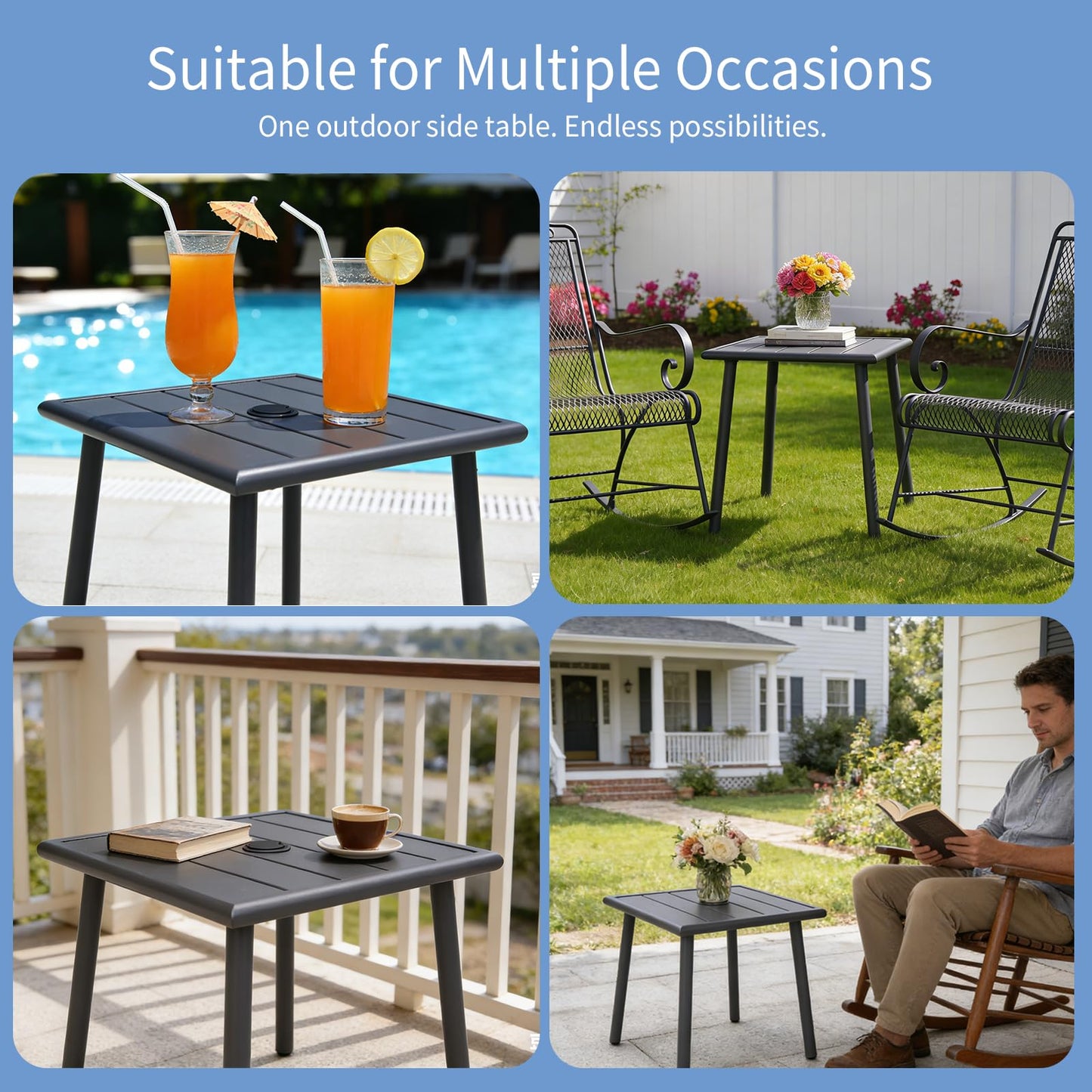 UFavo Home Small Metal Outdoor Side Table with Umbrella Hole Set of 2, Sqaure Patio Coffee Bistro Table End Table, Umbrella Table with Hole for Poolside Yard Porch Deck Balcony,19.7x19.7 inches, Gray
