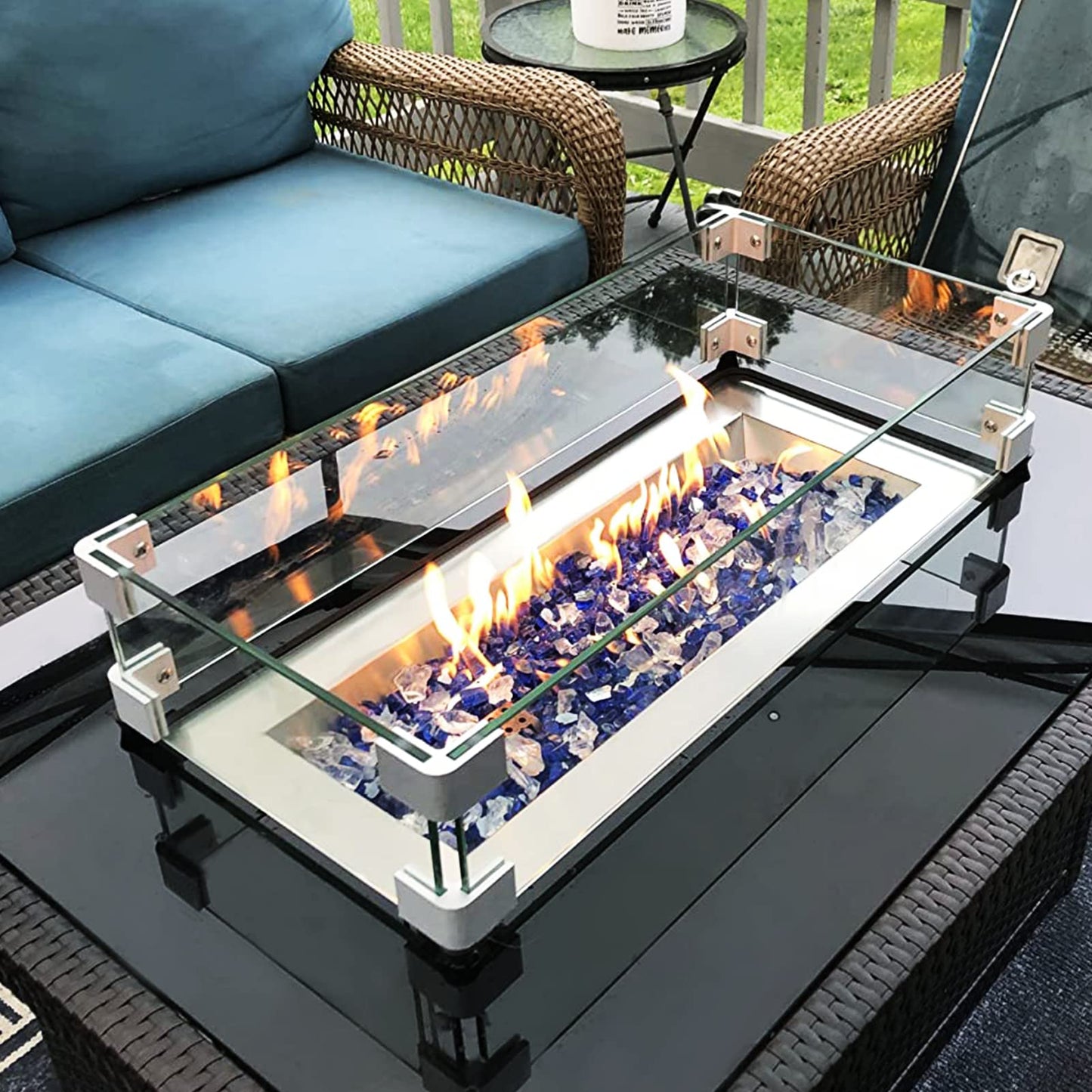 GASPRO 35.5 x 15.5 Inch Glass Wind Guard for Rectangular Fire Pit Table, Thick and Sturdy Tempered Glass Panel with Hard Aluminum Corner Bracket & Rubber Feet, Easy to Assemble