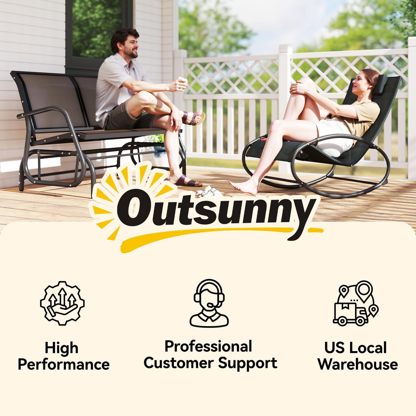 Outsunny 2-Person Outdoor Glider Bench, Patio Double Swing Rocking Chair Loveseat w/Powder Coated Steel Frame for Backyard Garden Porch, Black