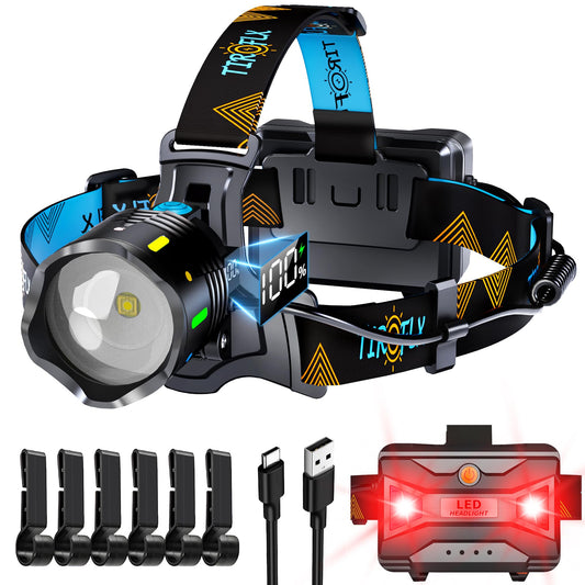 TIROFLX 12 Modes 210000 Lux Headlamp Motion Sensor Red Warning Zoomable Energy Saving, More Than 30Dys Standby Head Lamp, IP65 Waterproof and 125° Angle for Camping Outdoor Hardhat