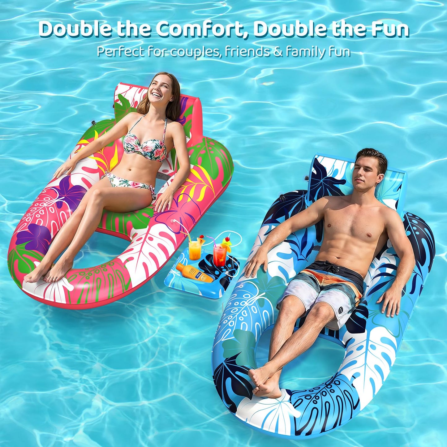 SEETOHOME 2 Pack Pool Floats Adult Heavy Duty, Inflatable Pool Lounger Float with Detachable Cup Holders & Backrest, Extra Large Pool Rafts Water Floaties for Adults Swimming Pools Beach Lake Party