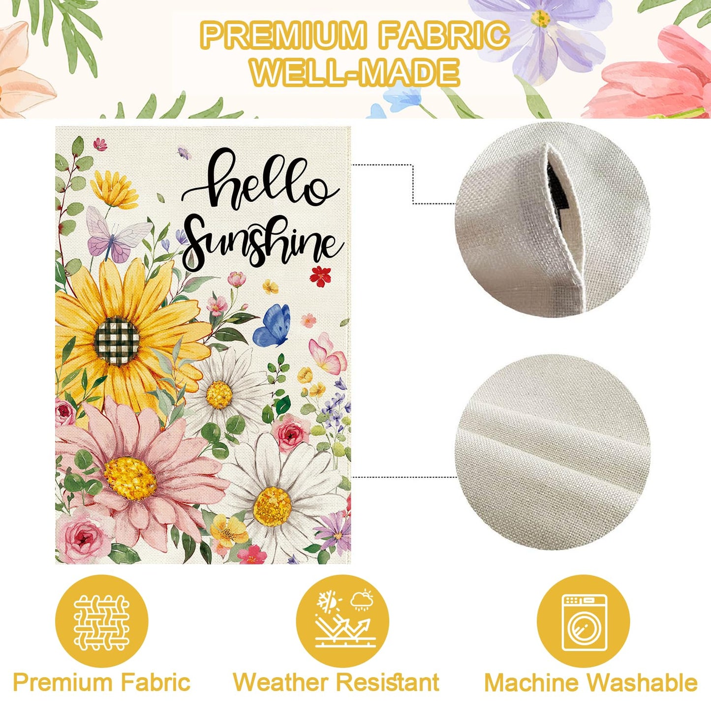 Baccessor Spring Summer Garden Flag Double Sided 12.5 x 18 Inch Burlap with Clip and Stopper,Hello Sunshine Sunflowers Daisy Flag Seasonal Farmhouse Yard Lawn Outside Outdoor Decoration