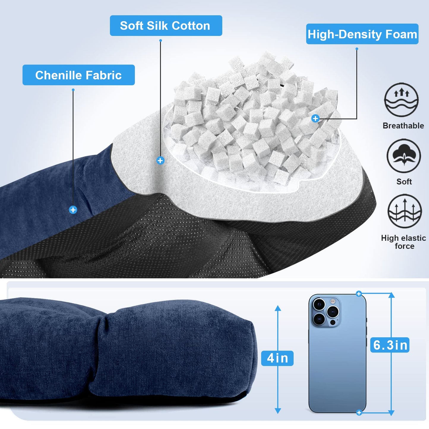 ROFIEJOX 36 Inch Bench Cushion, Tufted Window Seat Cushion with High-Density Memory Foam, Soft Chenille Non-Slip Indoor Furniture Pad for Bay Window, Dining Bench, Entryway (Deep Blue, 36x14x4)