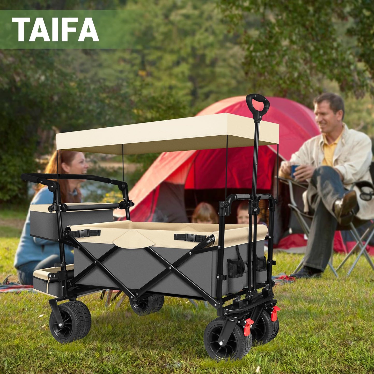TAIFA Collapsible Foldable Wagon Cart with Removable Canopy, Push Pull Utility Beach Wagon with Big Wheels and Brakes for Sand Shopping Camping Outdoors, Beige1