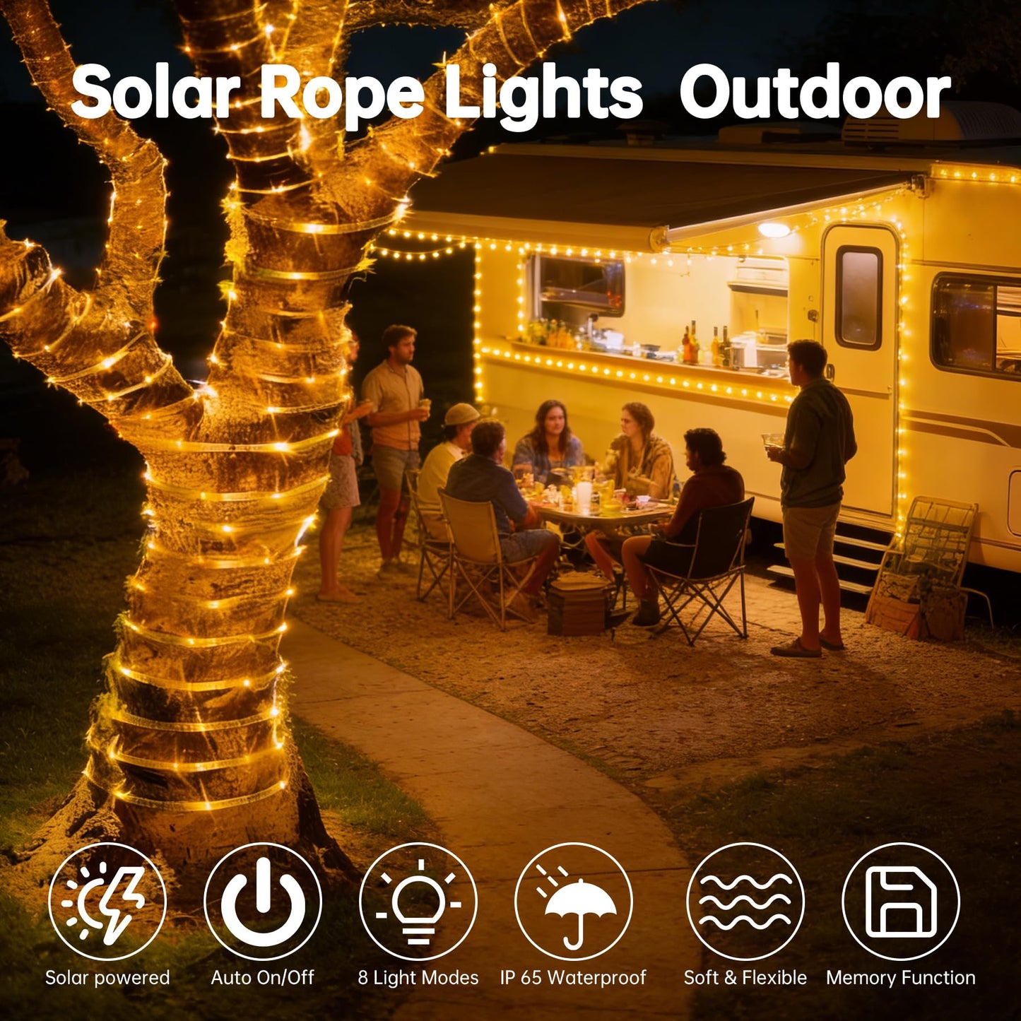 BANBANJO Solar Roep Lights for Outside, 2 Packs Total 66ft 200 LED Solar String Light with 8 Modes, Waterproof Solar Outdoor Light for Patio Garden Party Tree Proch Pool Holiday Xmas Decor-Warm White