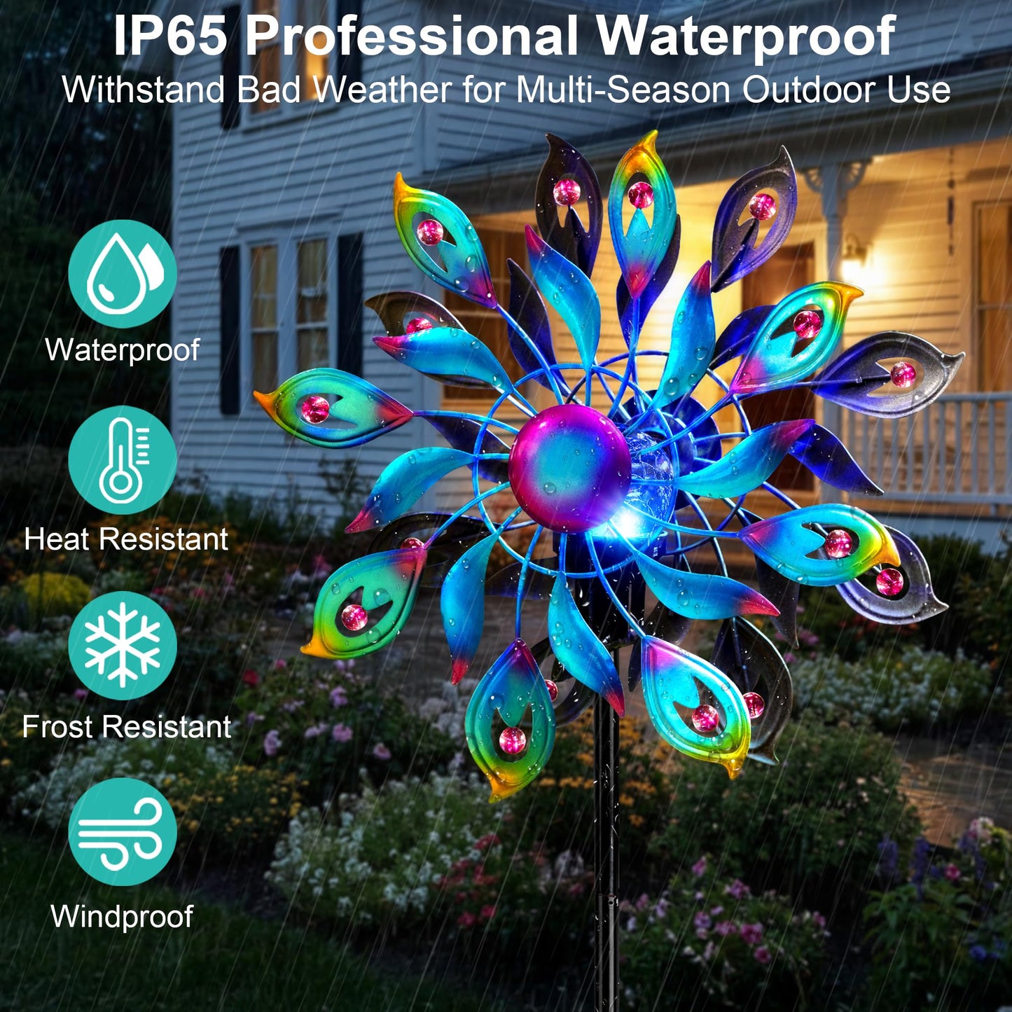 360°Peacock Solar Wind Spinner with Lights Blue Metal Garden Outdoor Decor Yard Lawn Art Decor for Patio Kinetic Windmills Unique Gifts for Friends and Family 51.9' H x 12.2'' Dia