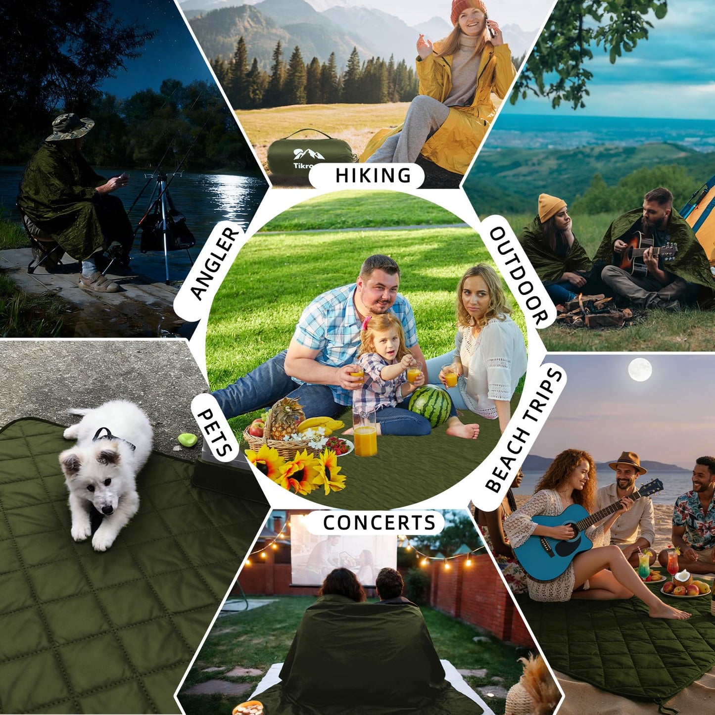 Tikroom Large Waterproof Outdoor Camping Blanket, 80 x 58 inch Fleece Picnic Blankets Windproof Travel Stadium Blanket for Beaches Pets Car Camp Picnic Mat for Both Cold & Warm Weather
