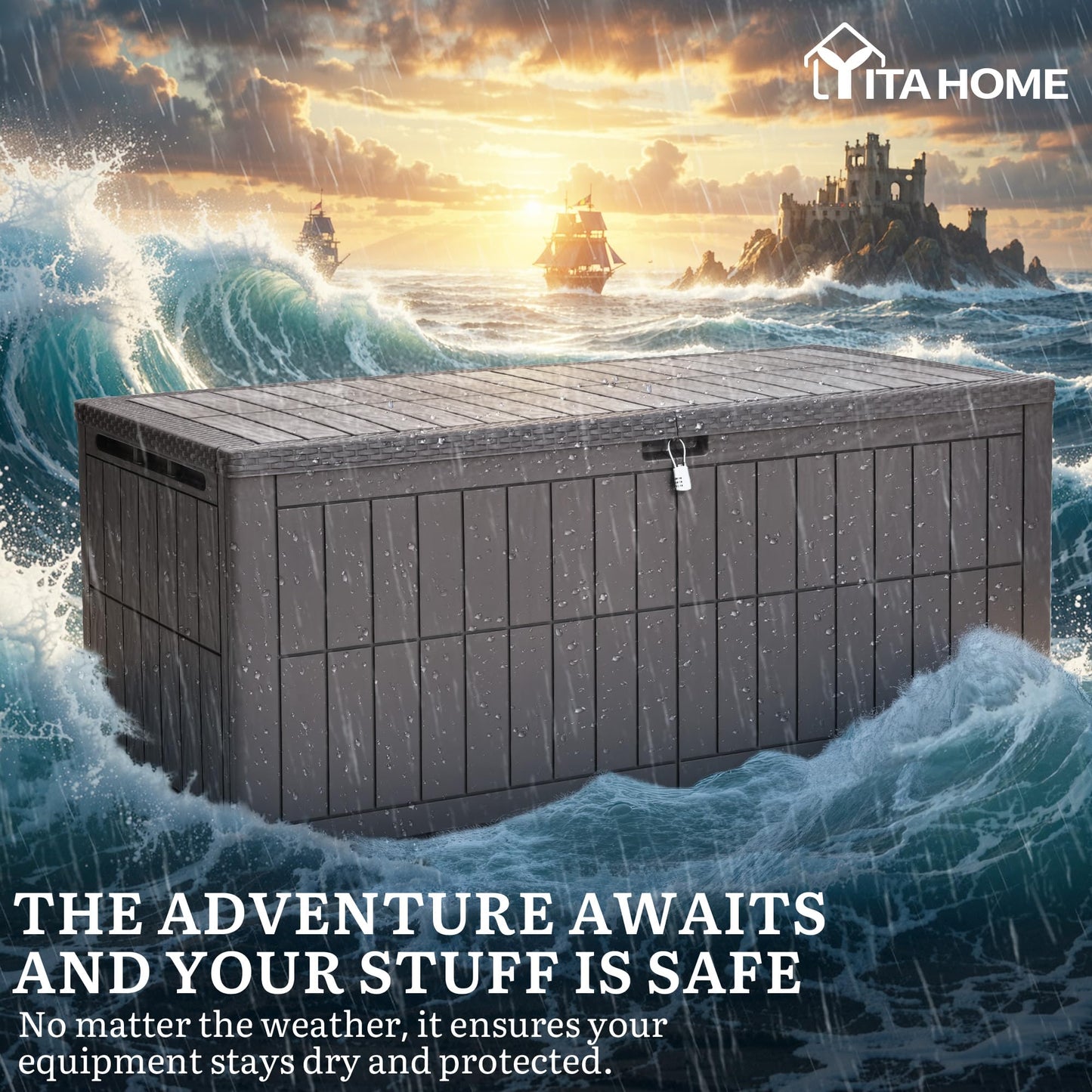 YITAHOME XXL 240 Gallon Extra Large Deck Box, Waterproof Resin Outdoor Storage Box with Lock and 3-Person Bench Seating for Patio Furniture Cushions,Garden Tools & Pool Accessories, Dark Brown