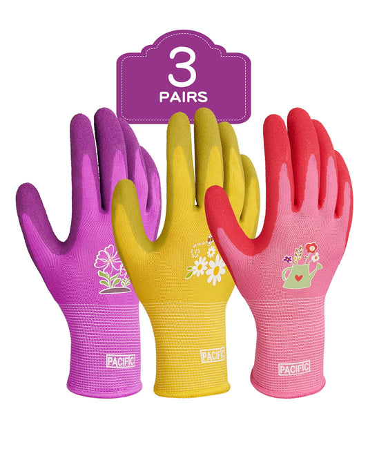 PACIFIC PPE 3 Pairs Gardening Gloves for women, Rubber Coated Garden Gloves, Ladies Yard Work Gloves, Breathable, Purple & Yellow & Red, Medium