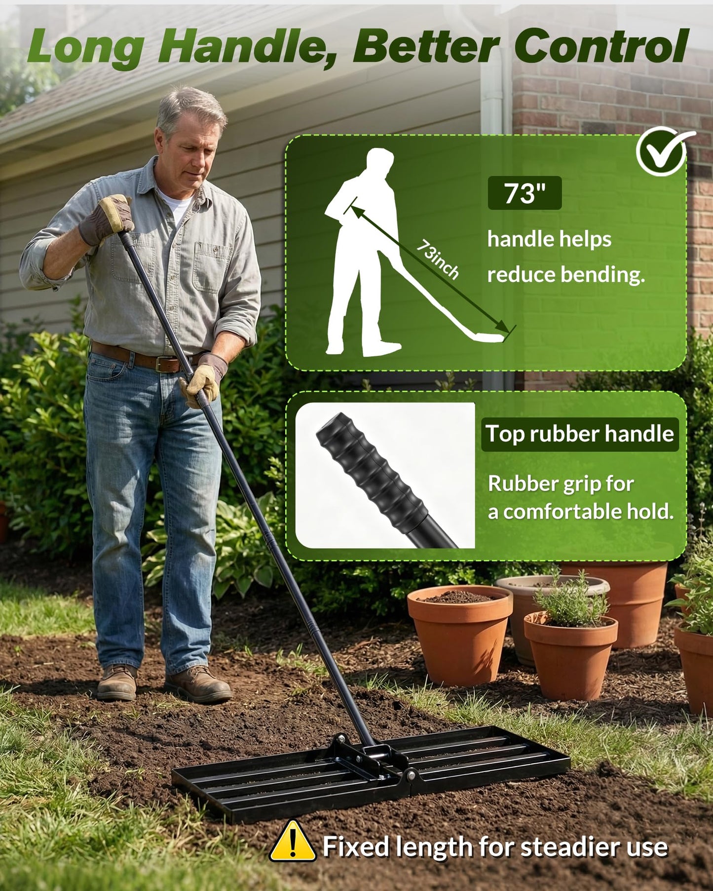 Sakerplus Lawn Leveling Rake 30 Inch, Landscaping Lawn Leveler, Heavy-Duty Yard Leveling Rake for Soil, Sand, Compost & Fertilizer, Fixed Handle Ground Leveler for Yard